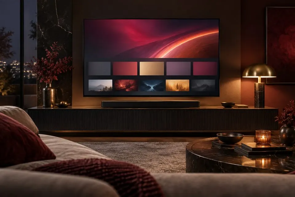 Installation home cinéma avec télévision et barre de son